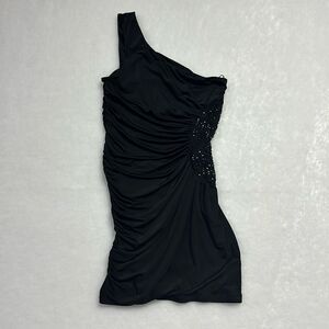Arden B Fitted black dress with side stones one shoulder Sz M